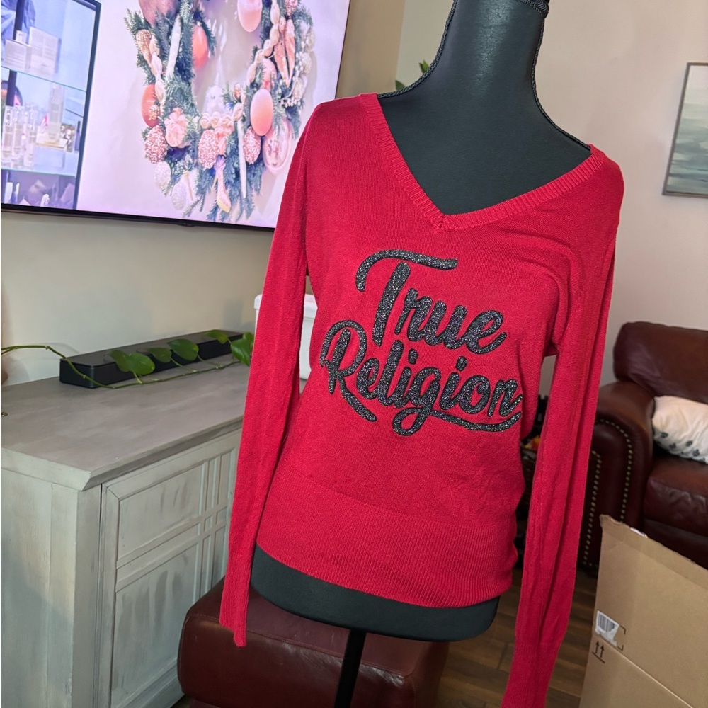 True Religion Women's Vibrant Red V-Neck Hoodie